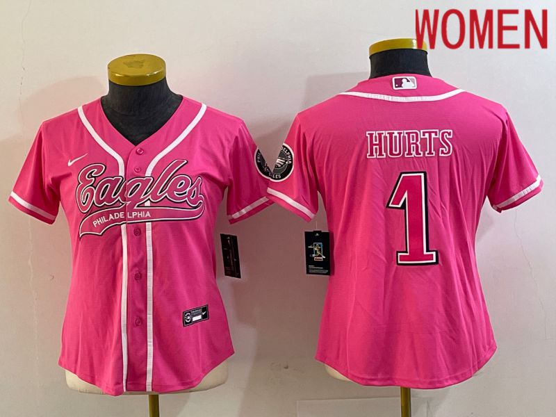 Women Philadelphia Eagles #1 Hurts Pink Nike 2023 Co Branding Game NFL Jersey style 1->youth nfl jersey->Youth Jersey